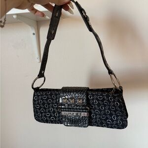 Guess vintage Inspired Black Shoulder Bag with Croc-Texture Accent